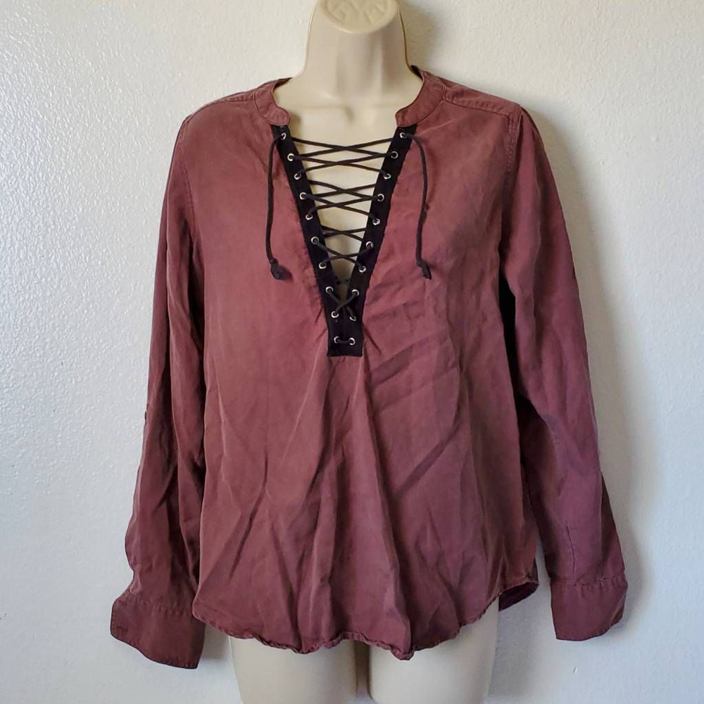 Express Womens Popover Top Womens XS Mauve LS Lace Up Neck Round Hem Festival